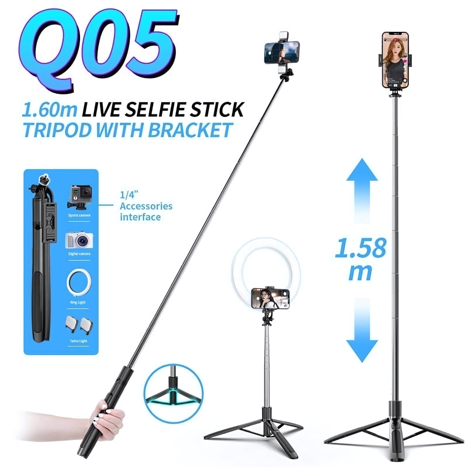Q05 Tripod for Youtuber Tripod with Selfie Stick,